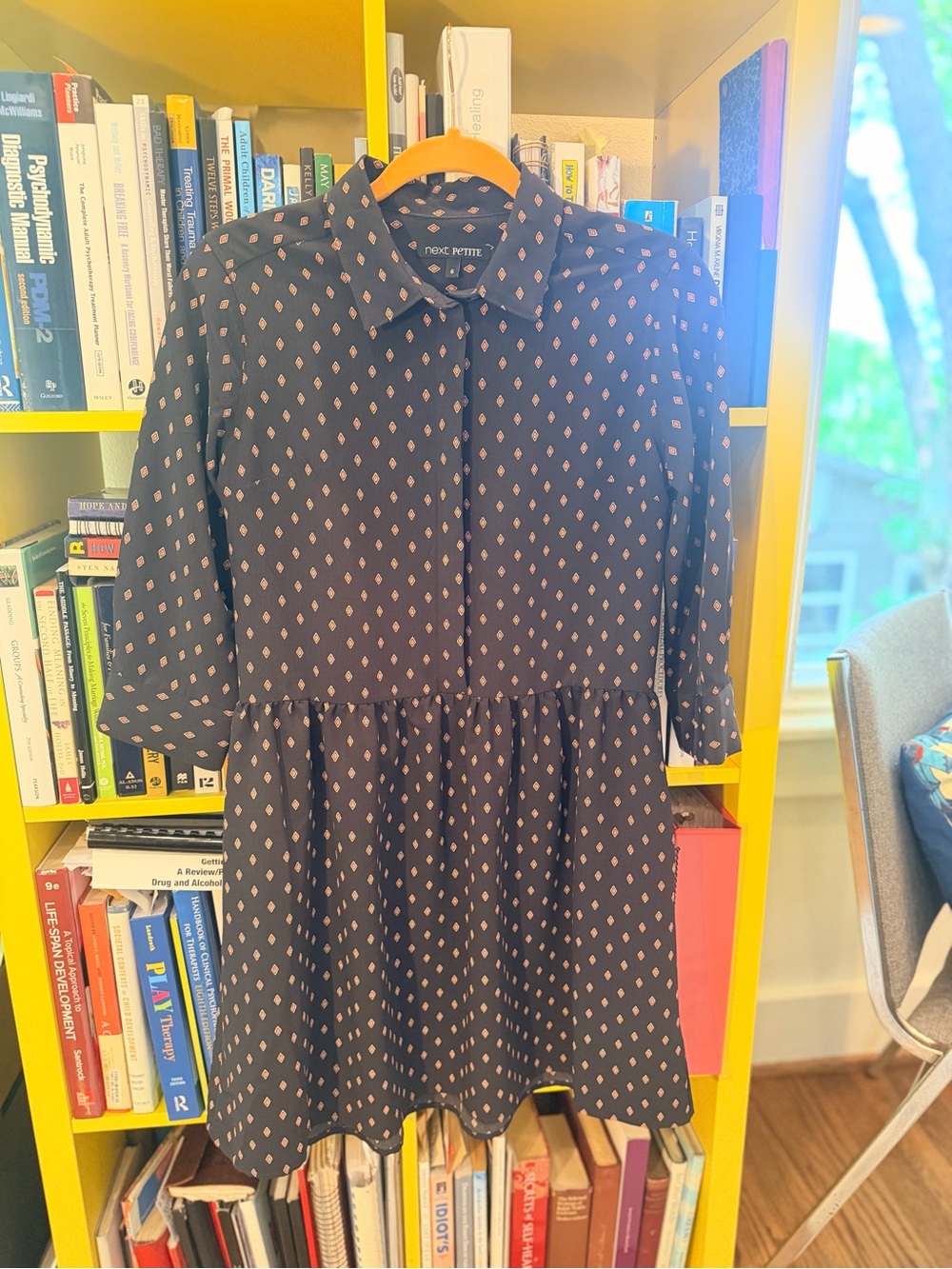 next Navy Blue Long-Sleeve Tiered Dress with Pink Diamond Print
